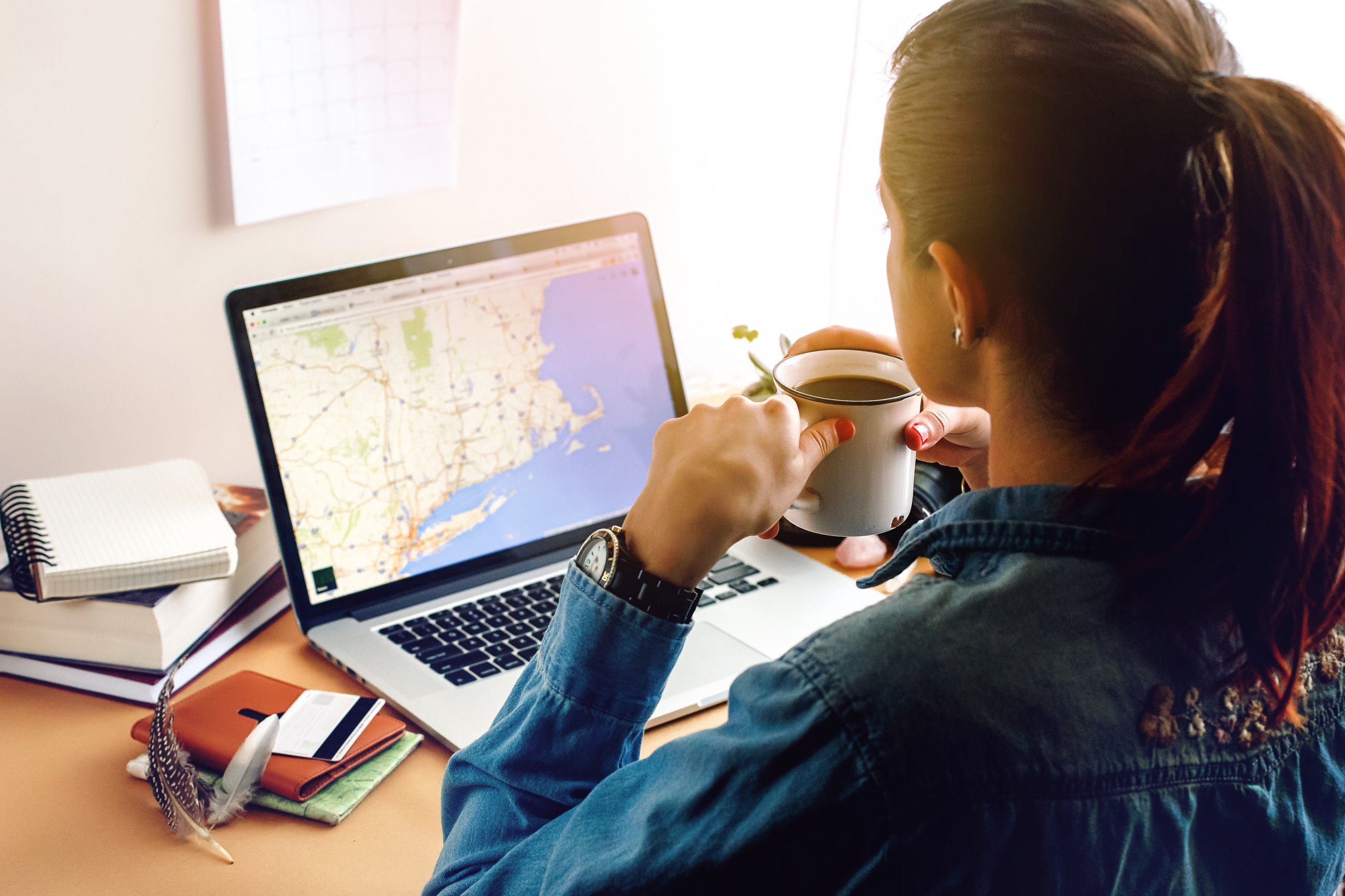 Woman looking at map on computer